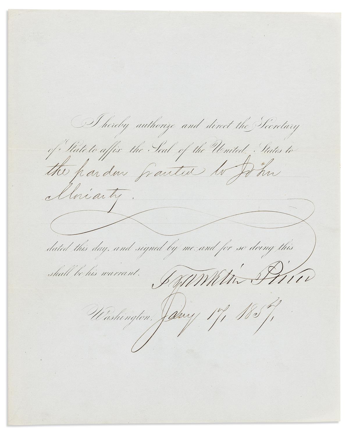 PIERCE, FRANKLIN. Two items: Partly-printed Document Signed, as President * Clipped Signature.